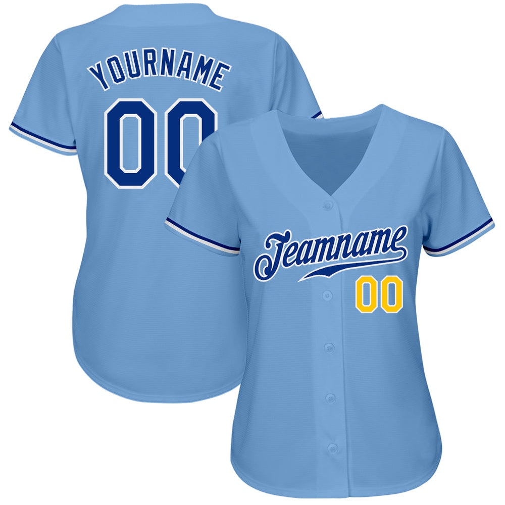American Baseball Jersey, Custom Light Blue Royal Gold Authentic Baseball Jersey, Baseball Jersey Name