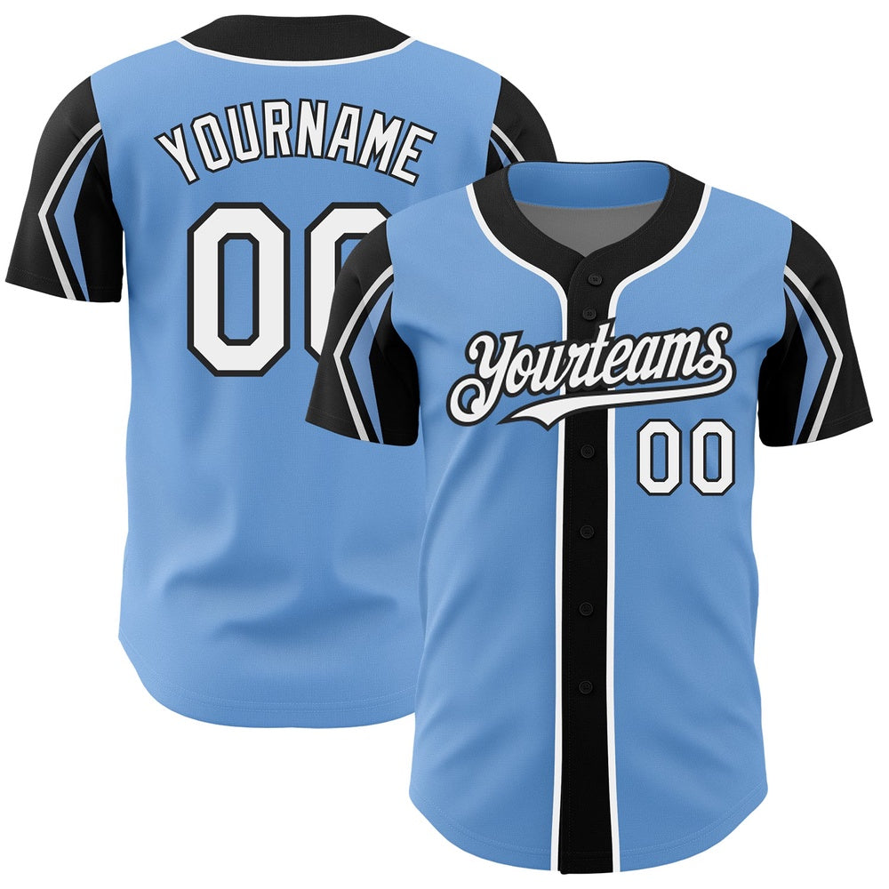 American Baseball Jersey, Custom Light Blue White Black 3 Colors Arm Shapes Authentic Baseball Jersey, Baseball Jersey Name