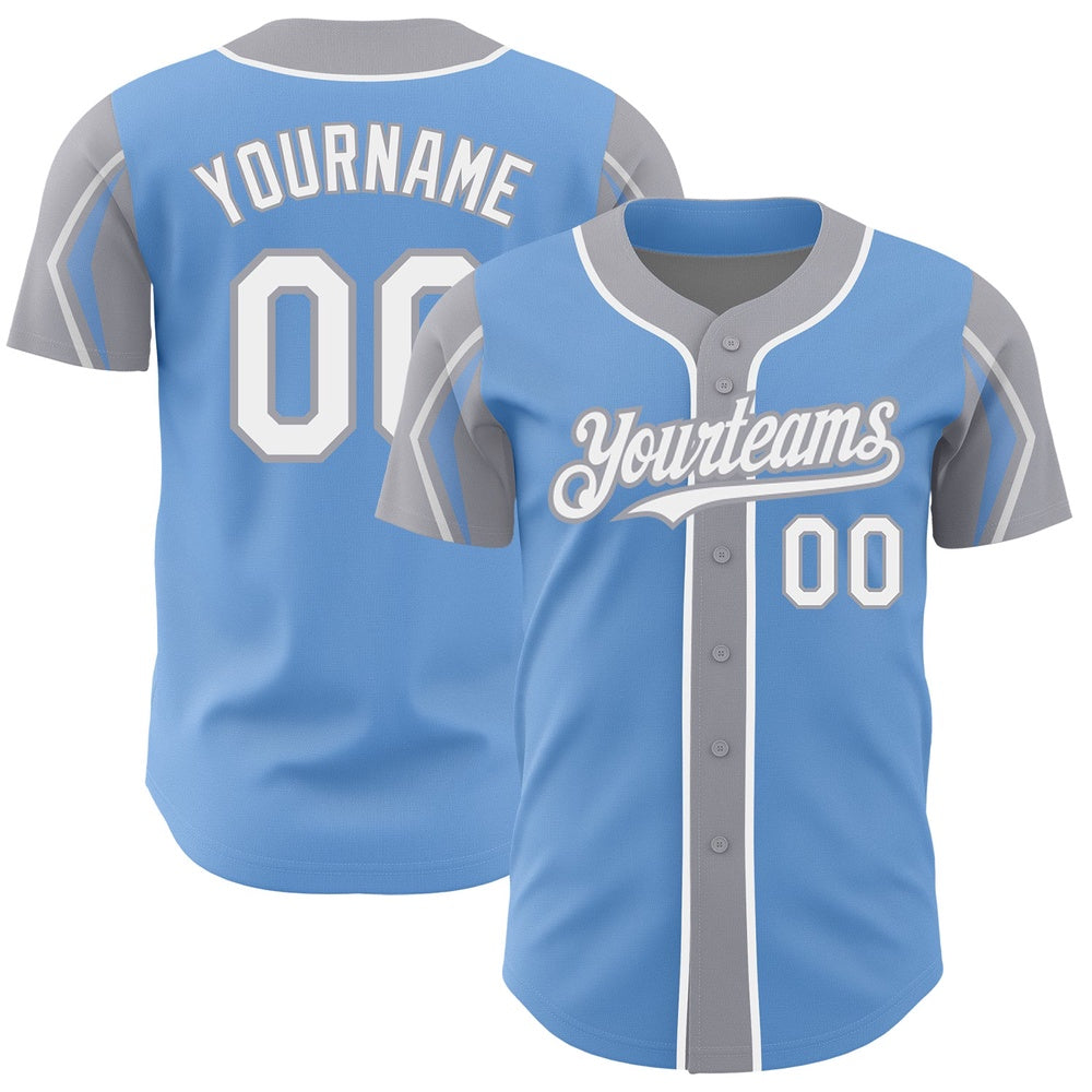 American Baseball Jersey, Custom Light Blue White Gray 3 Colors Arm Shapes Authentic Baseball Jersey, Baseball Jersey Name