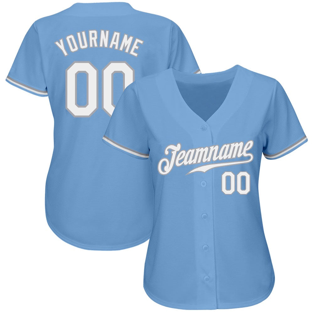 American Baseball Jersey, Custom Light Blue White Gray Authentic Baseball Jersey, Baseball Jersey Name