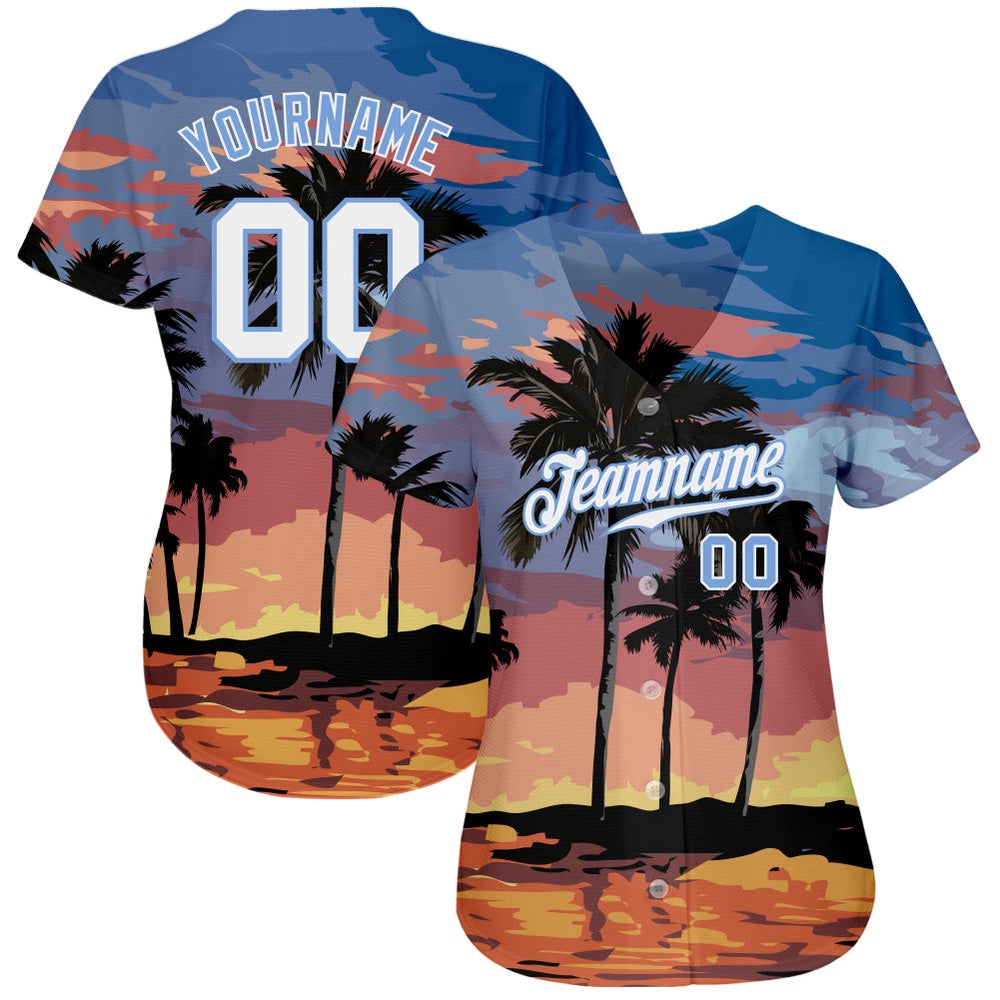 American Baseball Jersey, Custom Light Blue White Light Blue 3D Pattern Design Palm Trees Authentic Baseball Jersey, Baseball Jersey Name