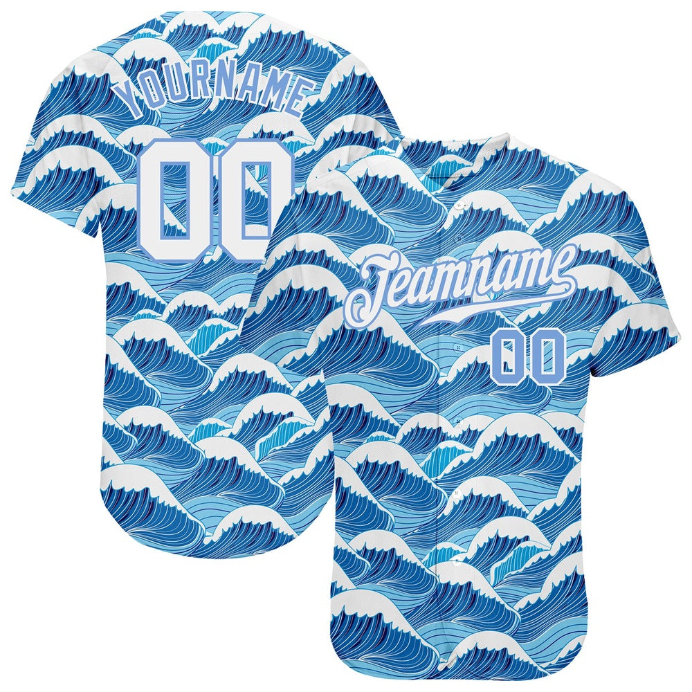 American Baseball Jersey, Custom Light Blue White Light Blue 3D Pattern Design Waves Authentic Baseball Jersey, Baseball Jersey Name