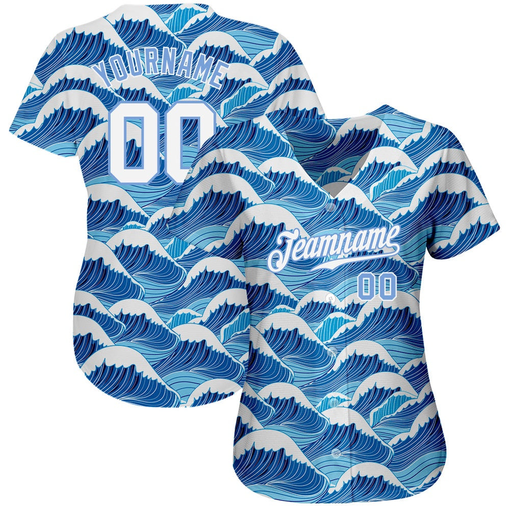 American Baseball Jersey, Custom Light Blue White Light Blue 3D Pattern Design Waves Authentic Baseball Jersey, Baseball Jersey Name