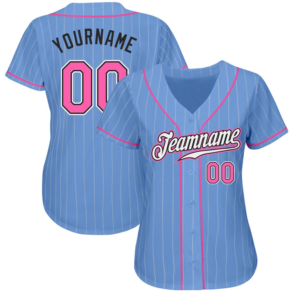 American Baseball Jersey, Custom Light Blue White Pinstripe Pink Black Authentic Baseball Jersey, Baseball Jersey Name