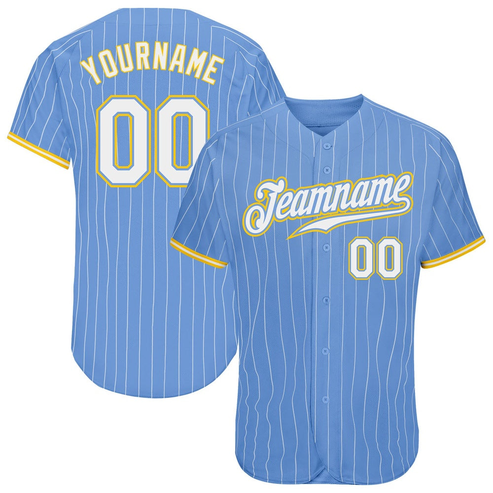 American Baseball Jersey, Custom Light Blue White Pinstripe White Gold Authentic Baseball Jersey, Baseball Jersey Name