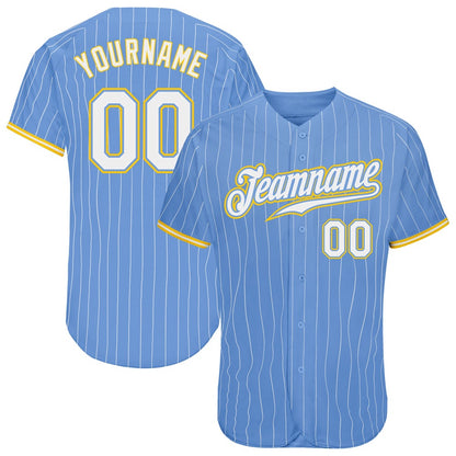 American Baseball Jersey, Custom Light Blue White Pinstripe White Gold Authentic Baseball Jersey, Baseball Jersey Name