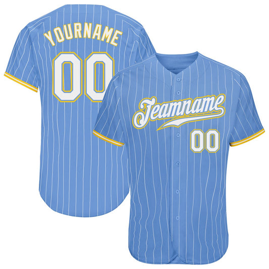 American Baseball Jersey, Custom Light Blue White Pinstripe White Gold Authentic Baseball Jersey, Baseball Jersey Name