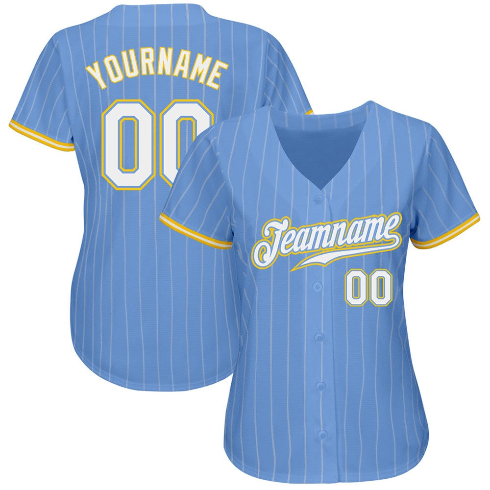American Baseball Jersey, Custom Light Blue White Pinstripe White Gold Authentic Baseball Jersey, Baseball Jersey Name