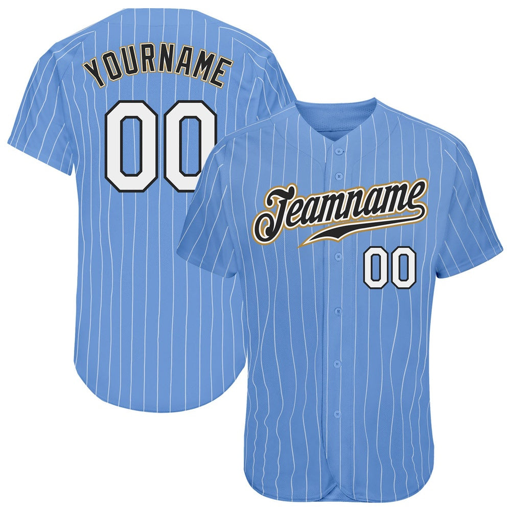 American Baseball Jersey, Custom Light Blue White Pinstripe White Old Gold Authentic Baseball Jersey, Baseball Jersey Name