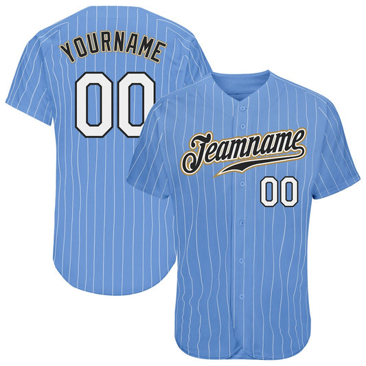 American Baseball Jersey, Custom Light Blue White Pinstripe White Old Gold Authentic Baseball Jersey, Baseball Jersey Name