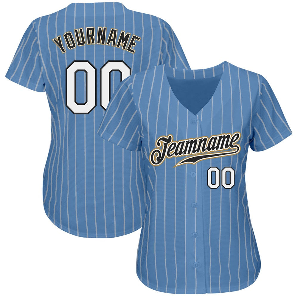 American Baseball Jersey, Custom Light Blue White Pinstripe White Old Gold Authentic Baseball Jersey, Baseball Jersey Name