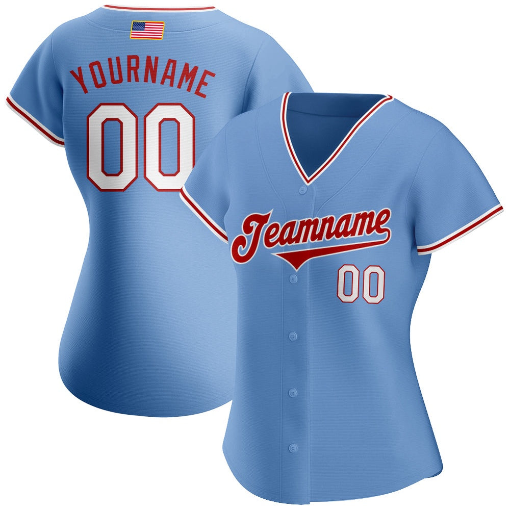 American Baseball Jersey, Custom Light Blue White Red Authentic American Flag Fashion Baseball Jersey, Baseball Jersey Name
