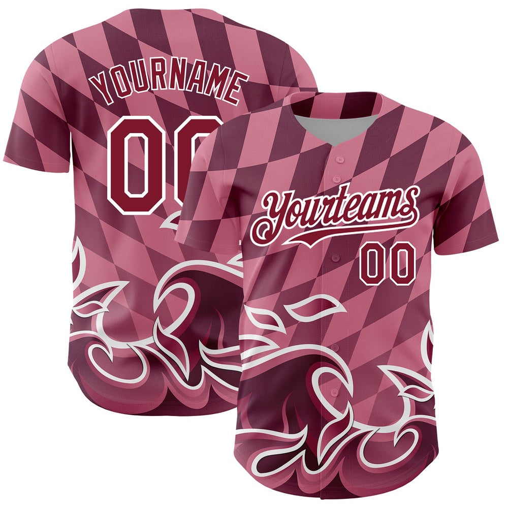 American Baseball Jersey, Custom Light Pink Crimson White 3D Pattern Design Flame Authentic Baseball Jersey, Baseball Jersey Name