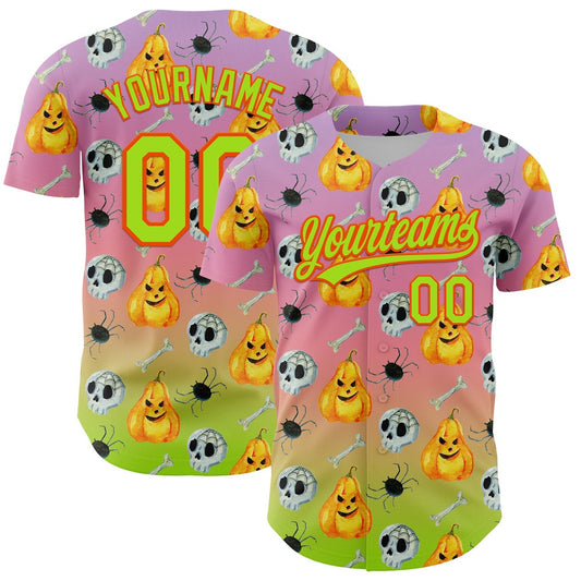 American Baseball Jersey, Custom Light Purple Neon Green Light Pink Orange 3D Halloween Authentic Fade Baseball Jersey
