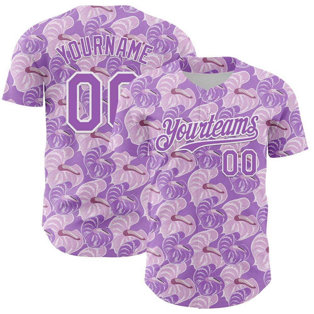 American Baseball Jersey, Custom Light Purple White 3D Pattern Design Tropical Anthurium Flower Authentic Baseball Jersey