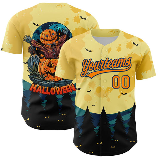 American Baseball Jersey, Custom Light Yellow Bay Orange US Navy Blue 3D Pattern Halloween Authentic Baseball Jersey, Baseball Jersey Name