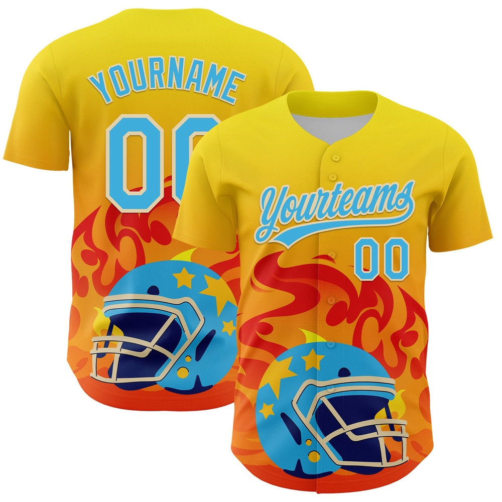 American Baseball Jersey, Custom Light Yellow Sky Blue Orange Cream 3D Pattern Design Flame Football Helmet Authentic Baseball Jersey
