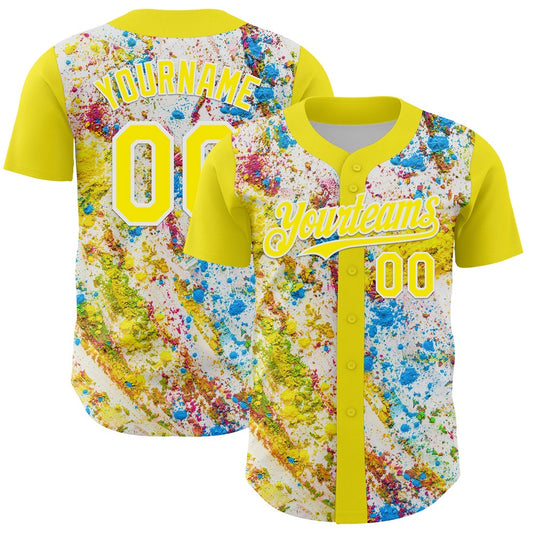 American Baseball Jersey, Custom Light Yellow White 3D Pattern Design Abstract Splatter Art Authentic Baseball Jersey, Baseball Jersey Name