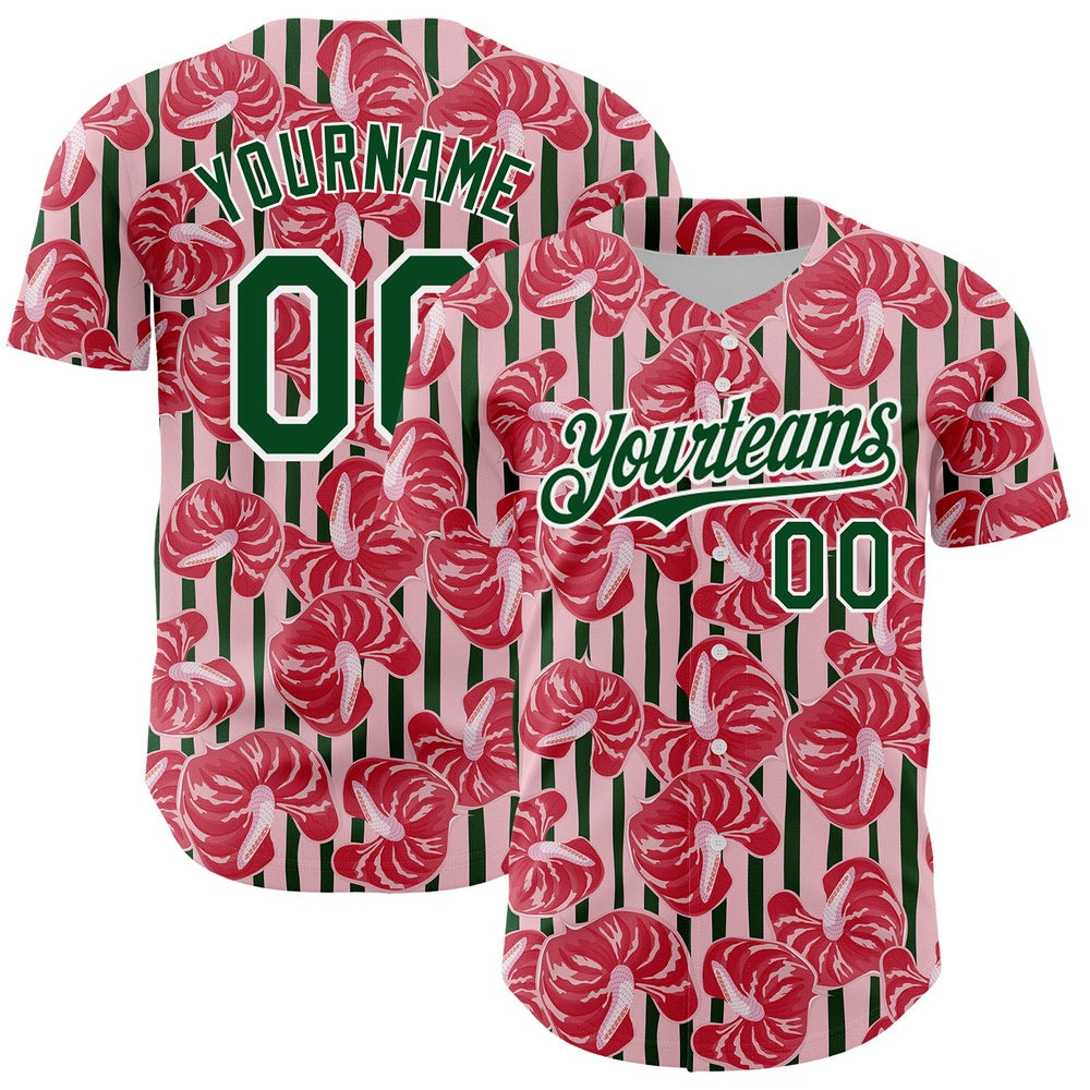 American Baseball Jersey, Custom Medium Pink Green White 3D Pattern Design Tropical Anthurium Flower Authentic Baseball Jersey