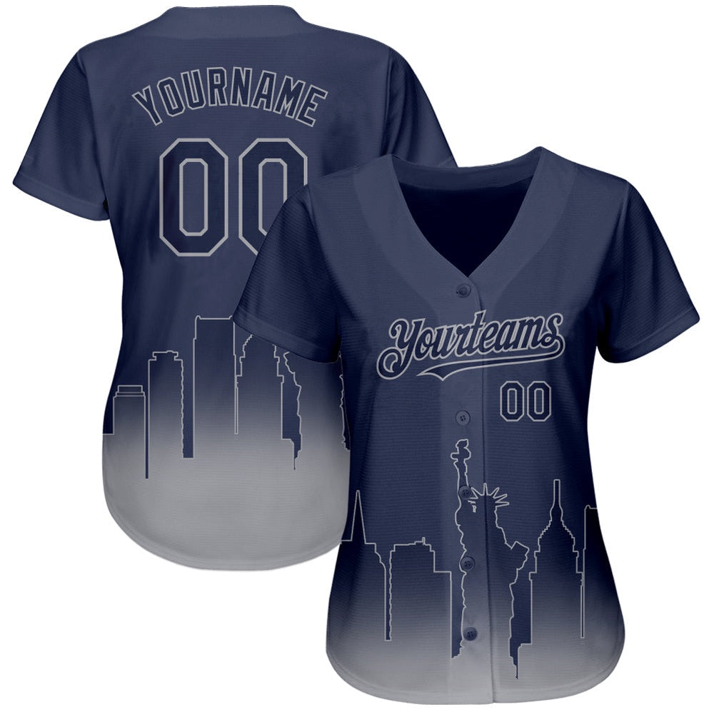 American Baseball Jersey, Custom Navy Gray 3D New York City Edition Fade Fashion Authentic Baseball Jersey, Baseball Jersey Name