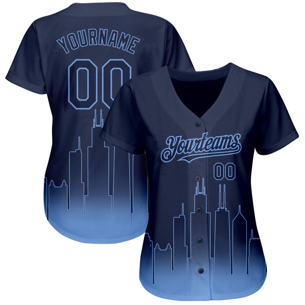 American Baseball Jersey, Custom Navy Light Blue 3D Chicago City Edition Fade Fashion Authentic Baseball Jersey, Baseball Jersey Name
