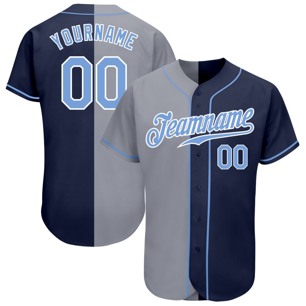 American Baseball Jersey, Custom Navy Light Blue Gray Authentic Split Fashion Baseball Jersey, Baseball Jersey Name