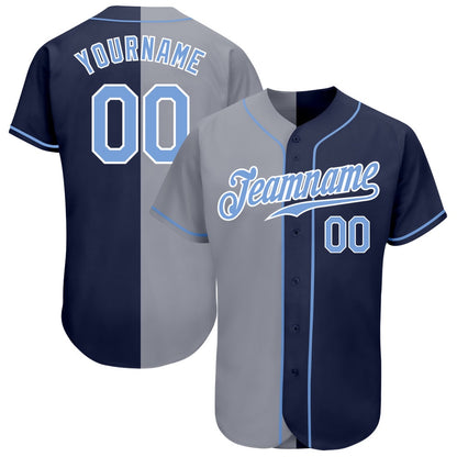 American Baseball Jersey, Custom Navy Light Blue Gray Authentic Split Fashion Baseball Jersey, Baseball Jersey Name