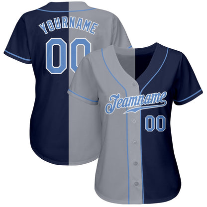 American Baseball Jersey, Custom Navy Light Blue Gray Authentic Split Fashion Baseball Jersey, Baseball Jersey Name