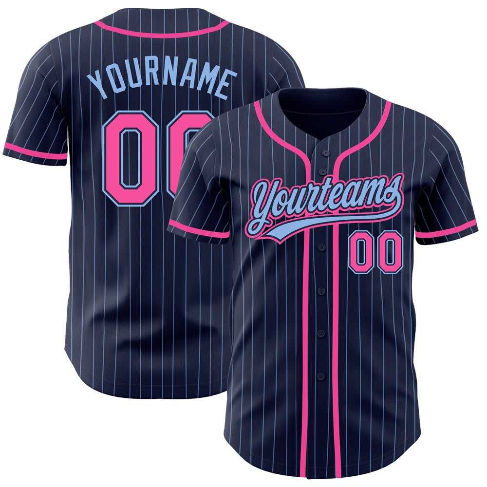 American Baseball Jersey, Custom Navy Light Blue Pinstripe Pink Authentic Baseball Jersey, Baseball Jersey Name