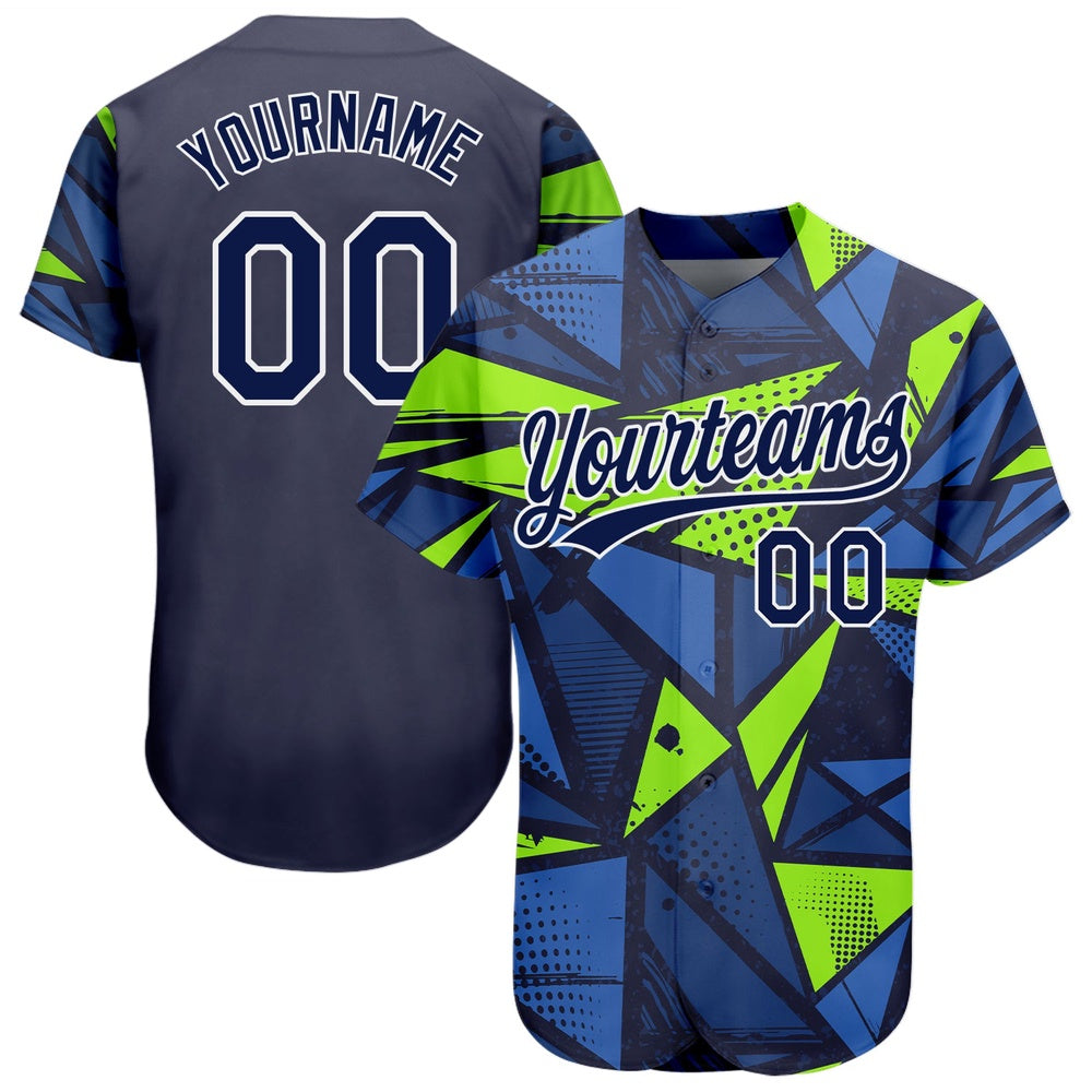 American Baseball Jersey, Custom Navy Navy Neon Green 3D Pattern Design Authentic Baseball Jersey, Baseball Jersey Name