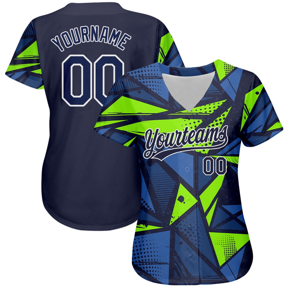 American Baseball Jersey, Custom Navy Navy Neon Green 3D Pattern Design Authentic Baseball Jersey, Baseball Jersey Name