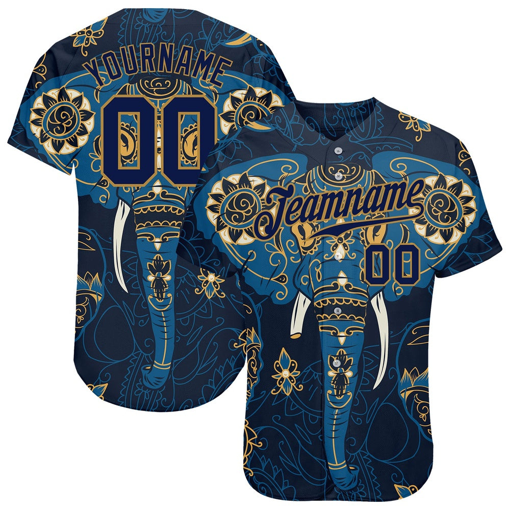 American Baseball Jersey, Custom Navy Navy Old Gold 3D Pattern Design Elephant Authentic Baseball Jersey, Baseball Jersey Name