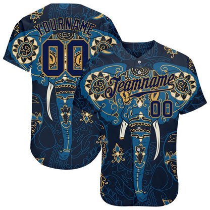 American Baseball Jersey, Custom Navy Navy Old Gold 3D Pattern Design Elephant Authentic Baseball Jersey, Baseball Jersey Name