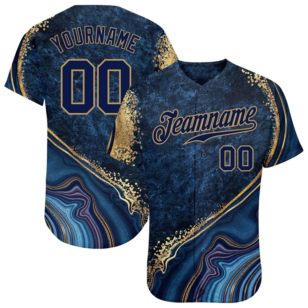 American Baseball Jersey, Custom Navy Navy Old Gold 3D Pattern Design Marble Authentic Baseball Jersey, Baseball Jersey Name