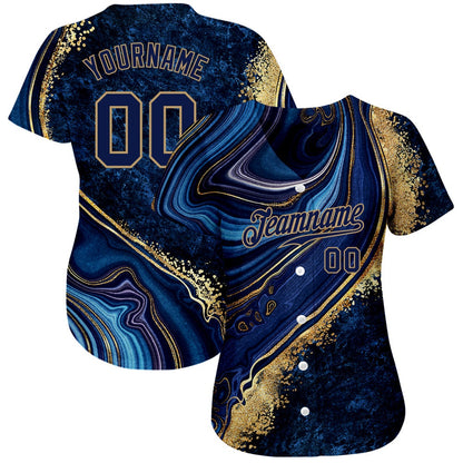 American Baseball Jersey, Custom Navy Navy Old Gold 3D Pattern Design Marble Authentic Baseball Jersey, Baseball Jersey Name