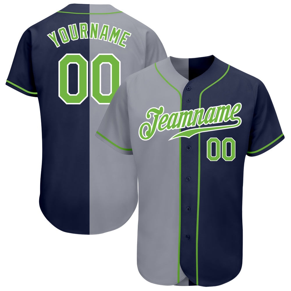 American Baseball Jersey, Custom Navy Neon Green Gray Authentic Split Fashion Baseball Jersey, Baseball Jersey Name