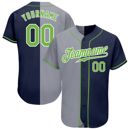 American Baseball Jersey, Custom Navy Neon Green Gray Authentic Split Fashion Baseball Jersey, Baseball Jersey Name