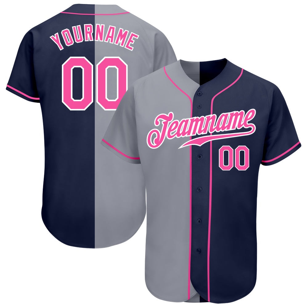 American Baseball Jersey, Custom Navy Pink Gray Authentic Split Fashion Baseball Jersey, Baseball Jersey Name
