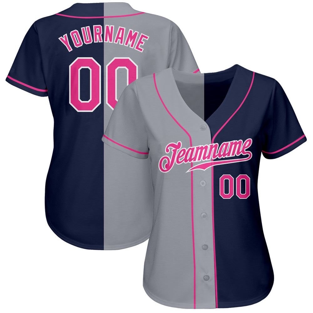 American Baseball Jersey, Custom Navy Pink Gray Authentic Split Fashion Baseball Jersey, Baseball Jersey Name