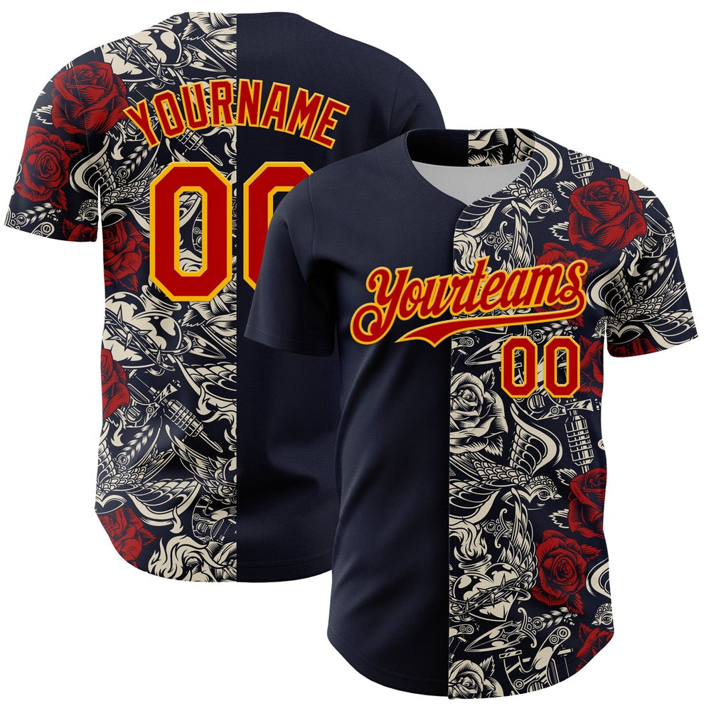 American Baseball Jersey, Custom Navy Red Gold 3D Pattern Design Vintage Tattoos Authentic Baseball Jersey, Baseball Jersey Name