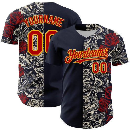 American Baseball Jersey, Custom Navy Red Gold 3D Pattern Design Vintage Tattoos Authentic Baseball Jersey, Baseball Jersey Name