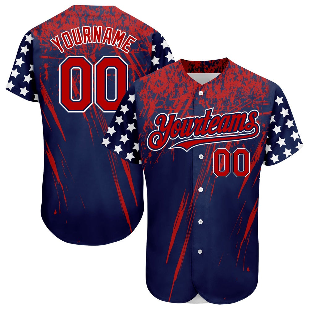 American Baseball Jersey, Custom Navy Red Royal 3D American Flag Authentic Baseball Jersey, Baseball Jersey Name