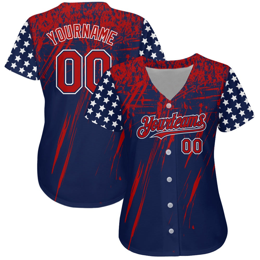 American Baseball Jersey, Custom Navy Red Royal 3D American Flag Authentic Baseball Jersey, Baseball Jersey Name