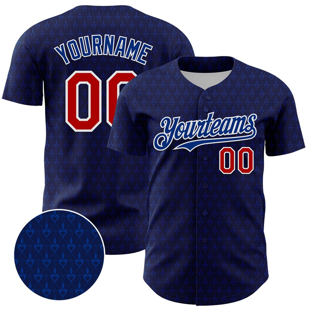 American Baseball Jersey, Custom Navy Red Royal 3D Pattern Design Hearts Authentic Baseball Jersey, Baseball Jersey Name