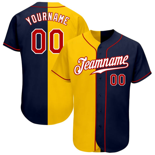 American Baseball Jersey, Custom Navy Red Yellow Authentic Split Fashion Baseball Jersey, Baseball Jersey Name