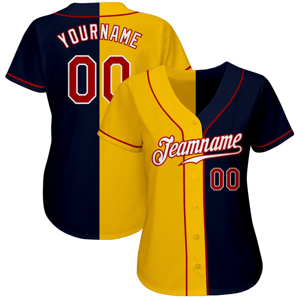American Baseball Jersey, Custom Navy Red Yellow Authentic Split Fashion Baseball Jersey, Baseball Jersey Name