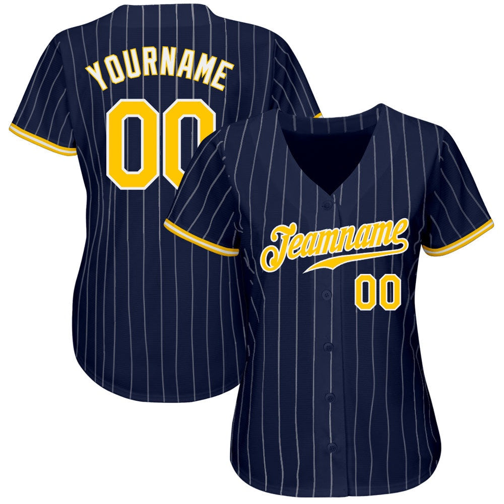 American Baseball Jersey, Custom Navy White Pinstripe Gold White Authentic Baseball Jersey, Baseball Jersey Name