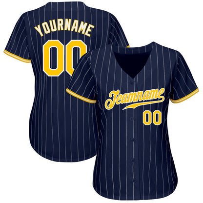 American Baseball Jersey, Custom Navy White Pinstripe Gold White Authentic Baseball Jersey, Baseball Jersey Name