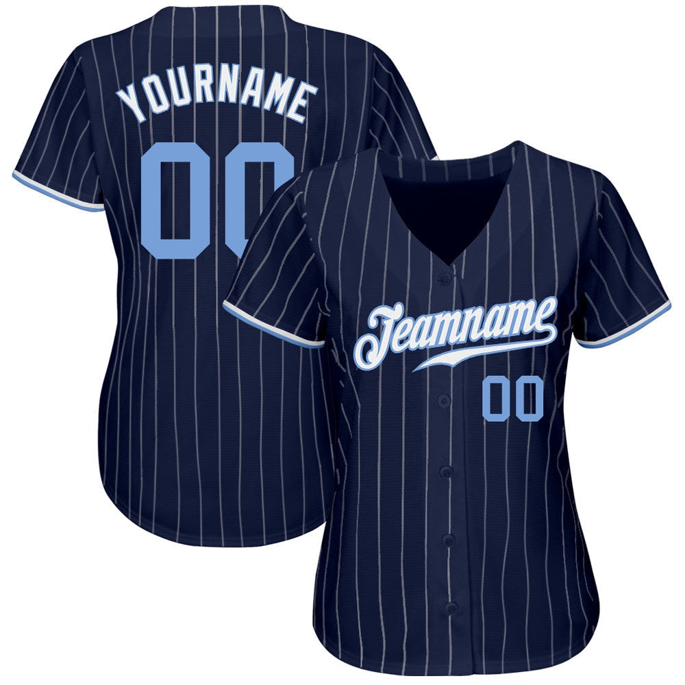 American Baseball Jersey, Custom Navy White Pinstripe Light Blue White Authentic Baseball Jersey, Baseball Jersey Name