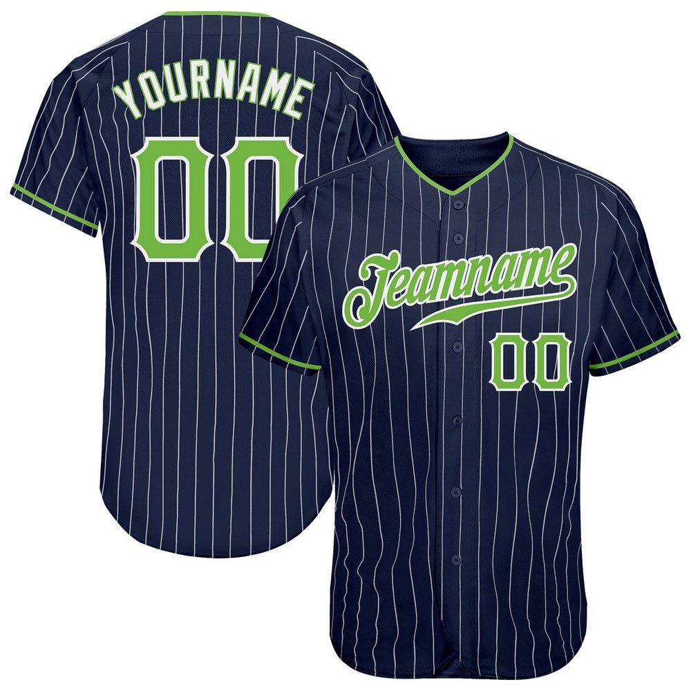American Baseball Jersey, Custom Navy White Pinstripe Neon Green White Authentic Baseball Jersey, Baseball Jersey Name
